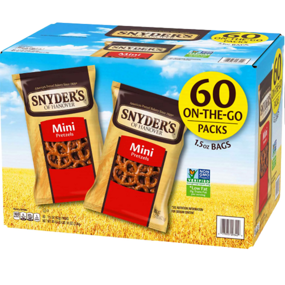 Snyder's of Hanover Mini Pretzels Single Serve Bags Non GMO Low Fat Nut Free Crunchy Individually Wrapped On the Go Packs Lunch Indoor Outdoor Snacking, 60 Count - 1 Box