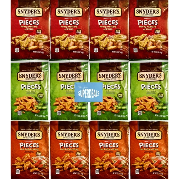 Snyder's of Hanover Pretzel Pieces, Variety 12 Pack bundled by SUPERDEALS 4 Honey Mustard and Onion, 4 Jalapeno, 4 Hot Buffalo Wing Pretzels, 2.25 Oz each bag, total 27 Ounces with mystery gift