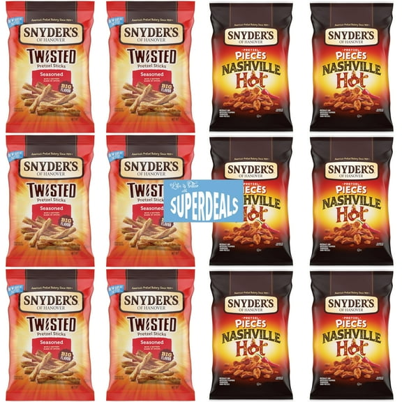 Snyder's of Hanover Pretzel Pieces, Variety 12 Pack bundled by SUPERDEALS 6 Seasoned Twisted Pretzel Sticks, 6 Nashville Hot, 2.25 Oz each bag, total 27 Ounces with mystery gift in every order