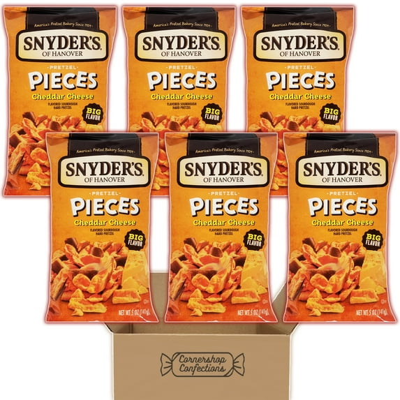 Snyder's Pretzel Pieces Bundle Pack - Cheddar Cheese - 6 Individually Sealed 5 Ounce Bags - Flavored Sourdough Hard Pretzels - For Snacks, Lunches, Movies in Cornershop Confections pack