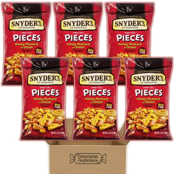 Snyder's Pretzel Pieces Bundle Pack - Honey Mustard and Onion - 6 Individually Sealed 5 Ounce Bags - Flavored Sourdough Hard Pretzels - For Snacks, Lunches in Cornershop Confections pack