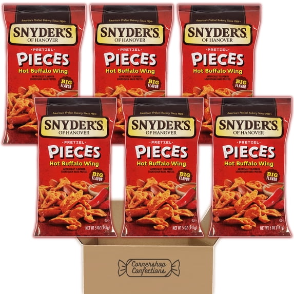 Snyder's Pretzel Pieces Bundle Pack - Hot Buffalo Wing - 6 Individually Sealed 5 Ounce Bags - Flavored Sourdough Hard Pretzels - For Snacks, Lunches in Cornershop Confections pack