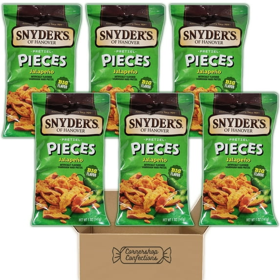Snyder's Pretzel Pieces Bundle Pack - Jalapeno - 6 Individually Sealed 5 Ounce Bags - Flavored Sourdough Hard Pretzels - For Snacks, Lunches, Movies in Cornershop Confections pack