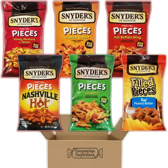 Snyder's Pretzels Variety Pack - 6 Flavors, 1 Of Each - Honey Mustard and Onion, Jalapeno, Cheddar Cheese, Hot Buffalo Wing, Nashville Hot, Peanut Butter Filled Pieces in Cornershop Confections Pack