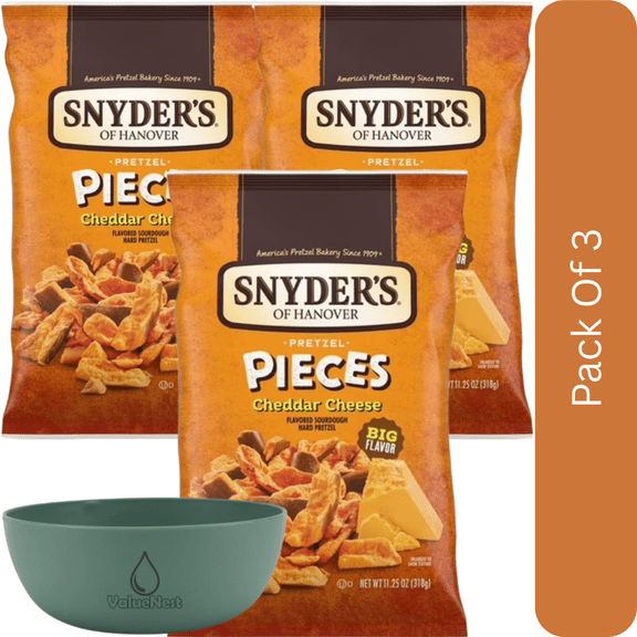 Snyder's of Hanover Cheddar Cheese Flavored Pretzel Pieces, 11.25 oz-3pk, With Olive Green Bowl By ValueNest