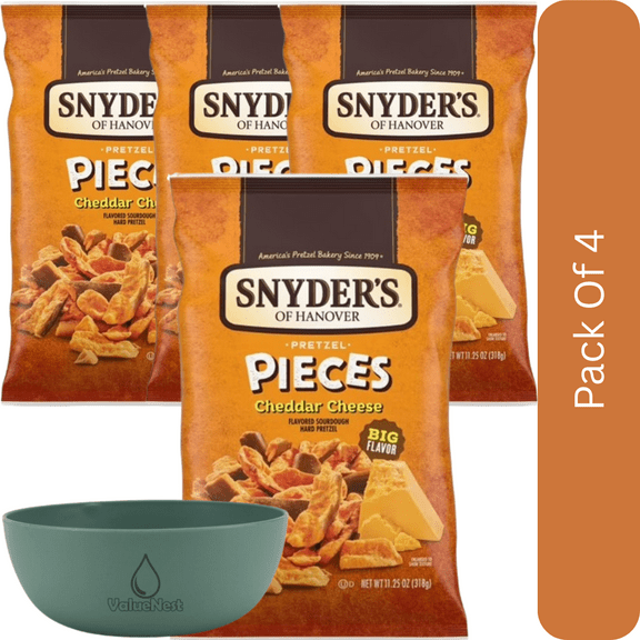 Snyder's of Hanover Cheddar Cheese Flavored Pretzel Pieces, 11.25 oz-4pk,  With Olive Green Bowl By ValueNest