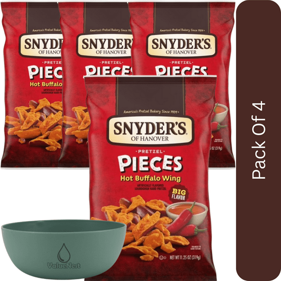 Snyder's of Hanover Hot Buffalo Wing Flavored Pretzel Pieces, 11.25 oz-4pk, With Olive Green Bowl By ValueNest