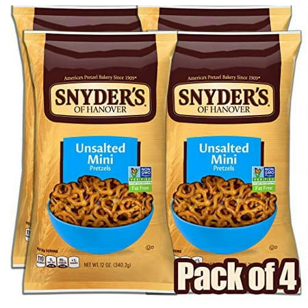 Snyder's of Hanover Mini Pretzels, Unsalted Pretzels, 12 Oz (Pack of 4)