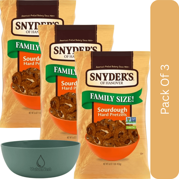 Snyder's of Hanover Sourdough Hard Pretzels, 16 oz Bag-3pk, With Olive Green Bowl By ValueNest