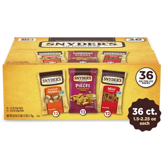 Snyder's of Hanover, Variety Pack Pretzels, Individual Packs, 3 Flavors, 36 Ct