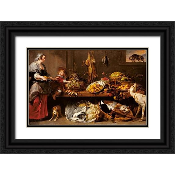 Snyders, Frans 32x22 Black Ornate Wood Framed with Double Matting Museum Art Print Titled - Kitchen Still Life with a Maid and Young Boy
