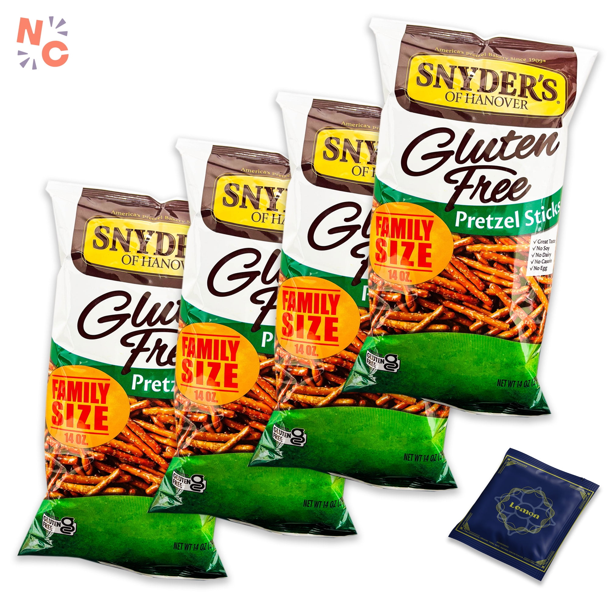 Snyders Gluten Free Pretzel Sticks (4, 14oz bags) - Organic Lemon Yerba Mate Tea Bag (1 bag) - Gourmet Snack Bundle - 5 Items Total