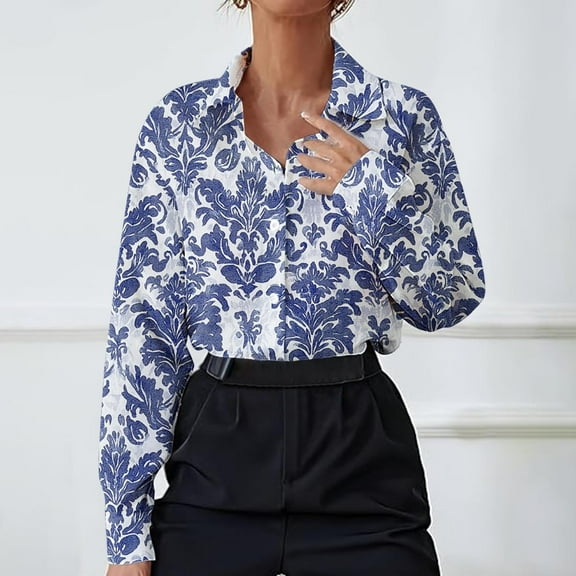 Snzhen Leisure Tops for Women Women's Long Sleeved Printing Turndown Collar Button Tops Blouse Shirt Navy M