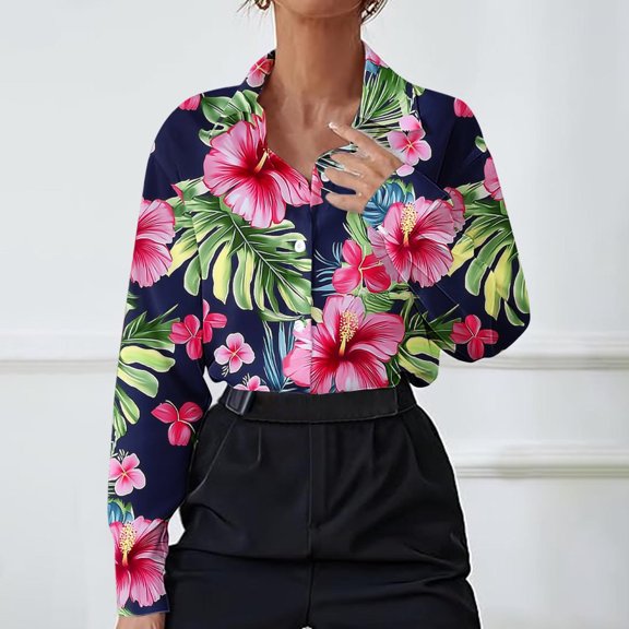 Snzhen Leisure Tops for Women Women's Long Sleeved Printing Turndown Collar Button Tops Blouse Shirt Pink L