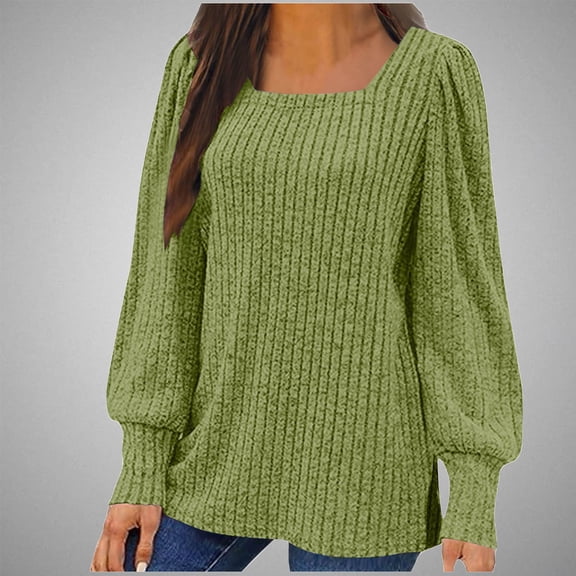 Snzhen Leisure Tops for Women Women's Solid Color Neck Hem Slit Long Sleeved Loose T-shirt Top Green XL