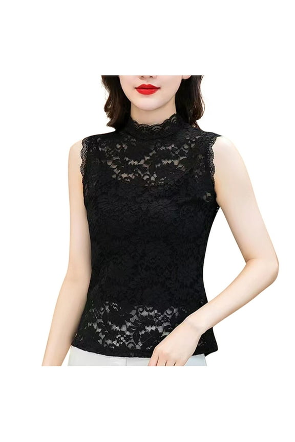 Mock Neck Tank Top for Women's Fashion Solid Color Sexy Slim Lace High Neck Flared Sleeves Sleeveless Shirts