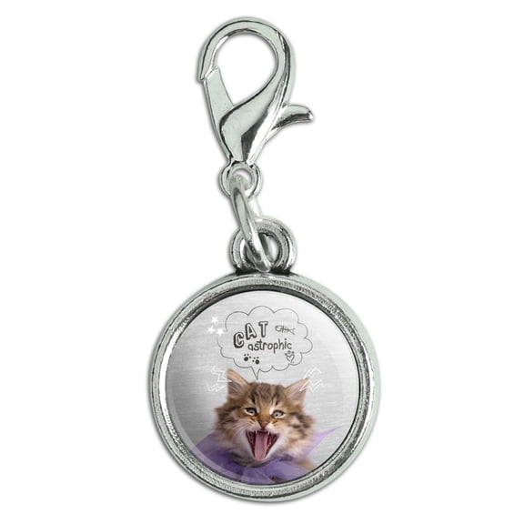 So Cute Cat Kitten Catastrophic Antiqued Bracelet Pendant Zipper Pull Charm with Lobster Clasp