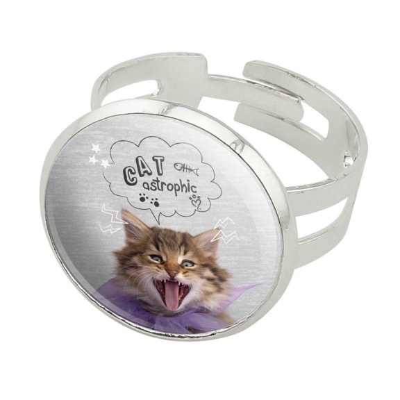 So Cute Cat Kitten Catastrophic Silver Plated Adjustable Novelty Ring