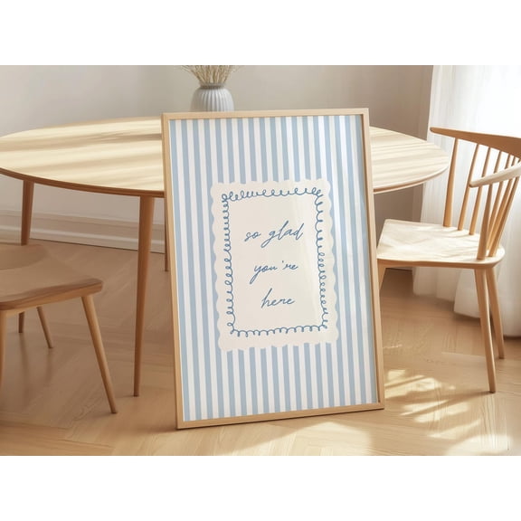 So Glad You’re Here Wall Art Blue Stripe Entryway Welcome Decoration, Unframed Paper Poster 8x10in
