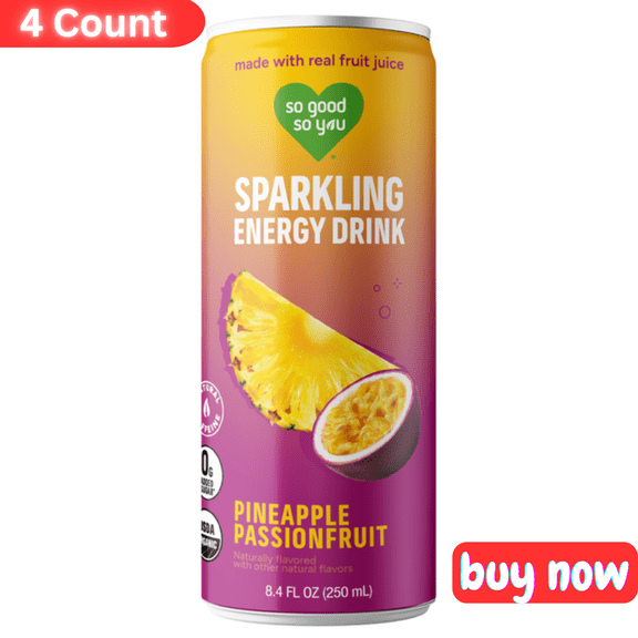 So Good So You Pineapple Passionfruit Organic Sparkling Energy Drink  8.4 fl oz, 12 Pack  Natural Caffeine Energy Boost