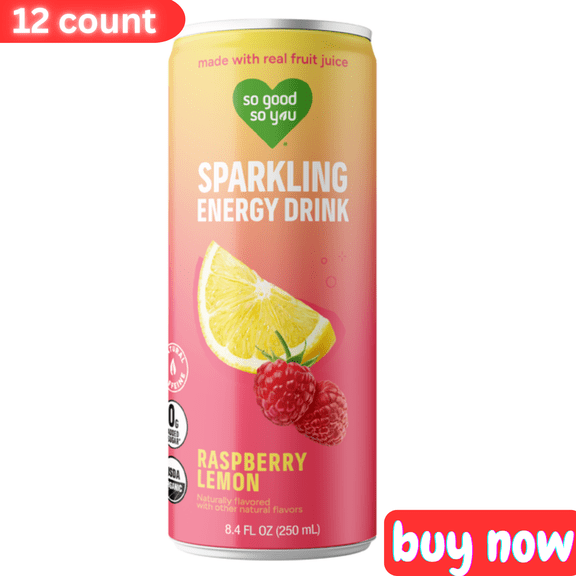 So Good So You Raspberry Lemon Organic Sparkling Energy Drink  8.4 fl oz, 12 Pack  Natural Caffeine Energy Boost
