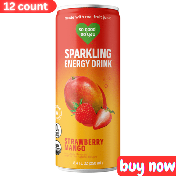 So Good So You Strawberry Mango Organic Sparkling Energy Drink  8.4 fl oz, 12 Pack  Natural Energy Boost