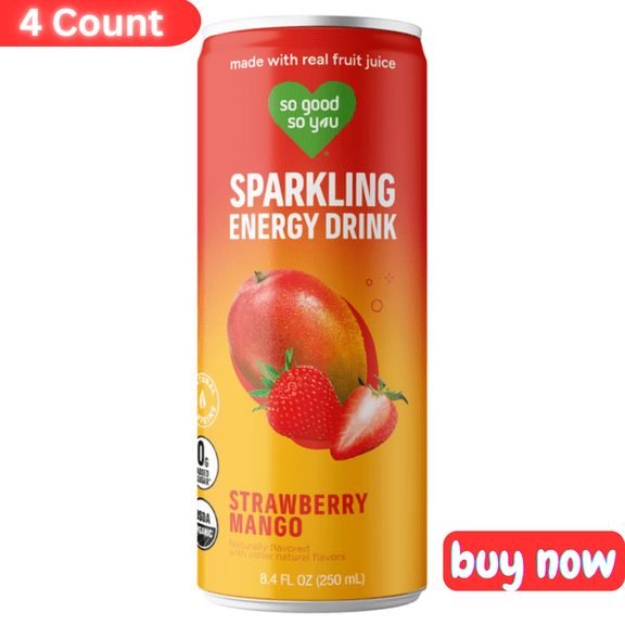 So Good So You Strawberry Mango Organic Sparkling Energy Drink  8.4 fl oz, 4 Pack  Natural Energy Boost