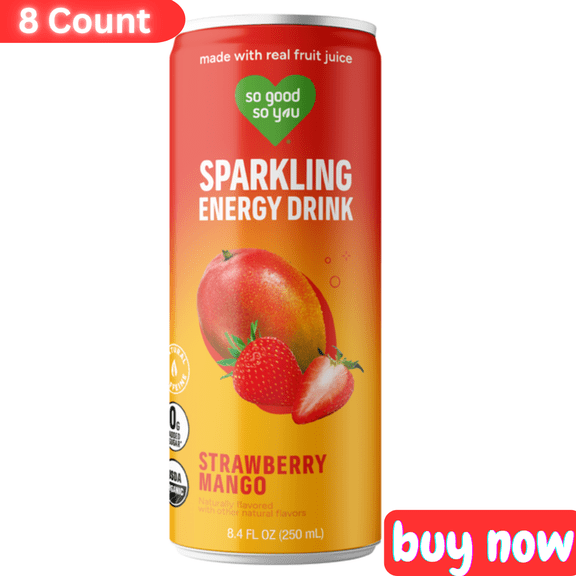 So Good So You Strawberry Mango Organic Sparkling Energy Drink  8.4 fl oz, 8 Pack  Natural Energy Boost