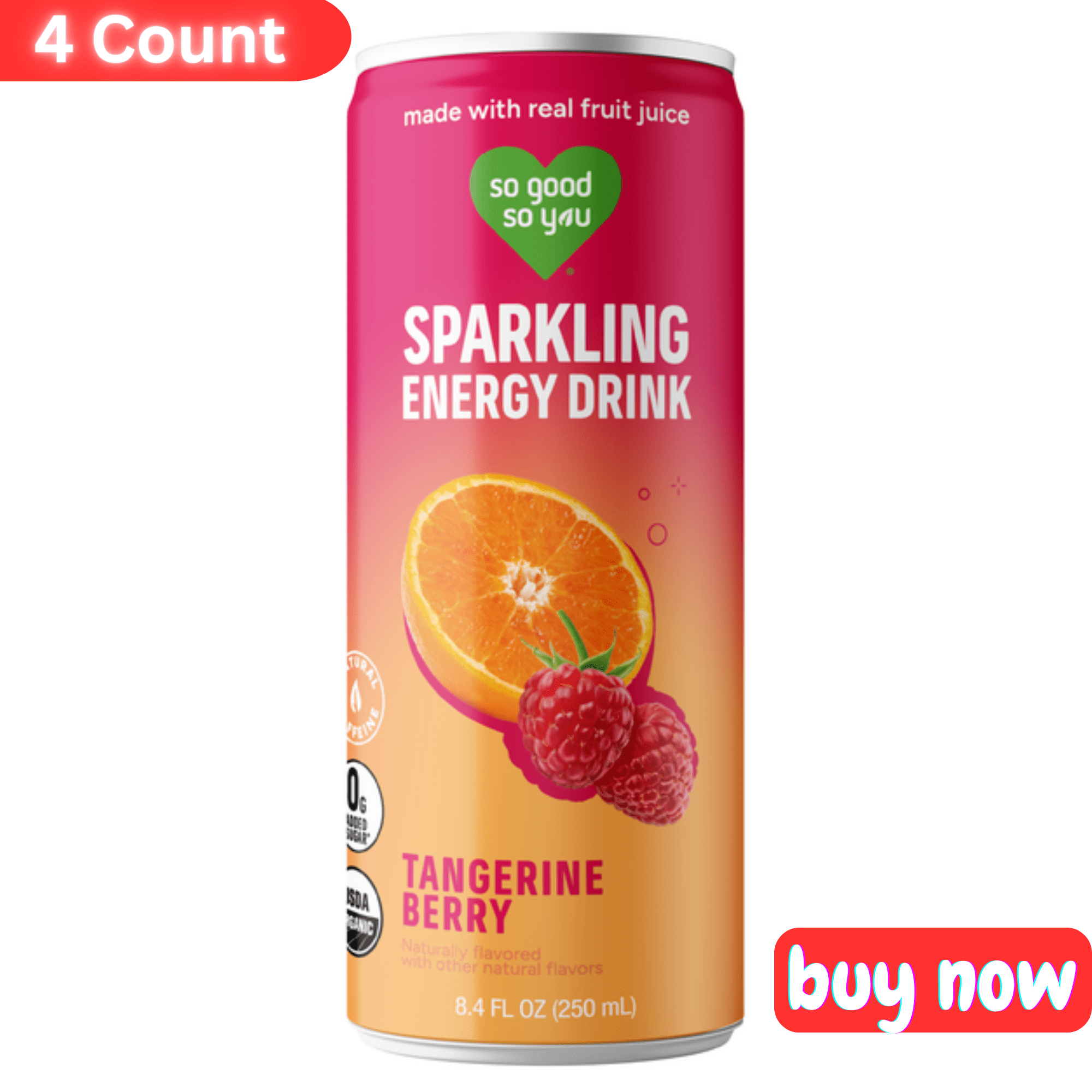 So Good So You Tangerine Berry Organic Sparkling Energy Drink – 8.4 fl oz, 4 Pack – Natural Energy Boost