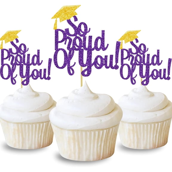 So Proud Of You Cupcake Toppers Graduation Decoration Food Picks Congrats Grad Party Supplies Purple Gold