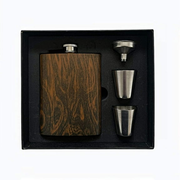 SoBoho 8oz Stainless Steel Flask Gift Set Walnut - Box Includes Flask, Funnel, and Shot Glasses - Perfect Camping Flask, Groomsmen Gifts, or Whiskey Flask - Flasks for Liquor for Men  - Hip Flask Set