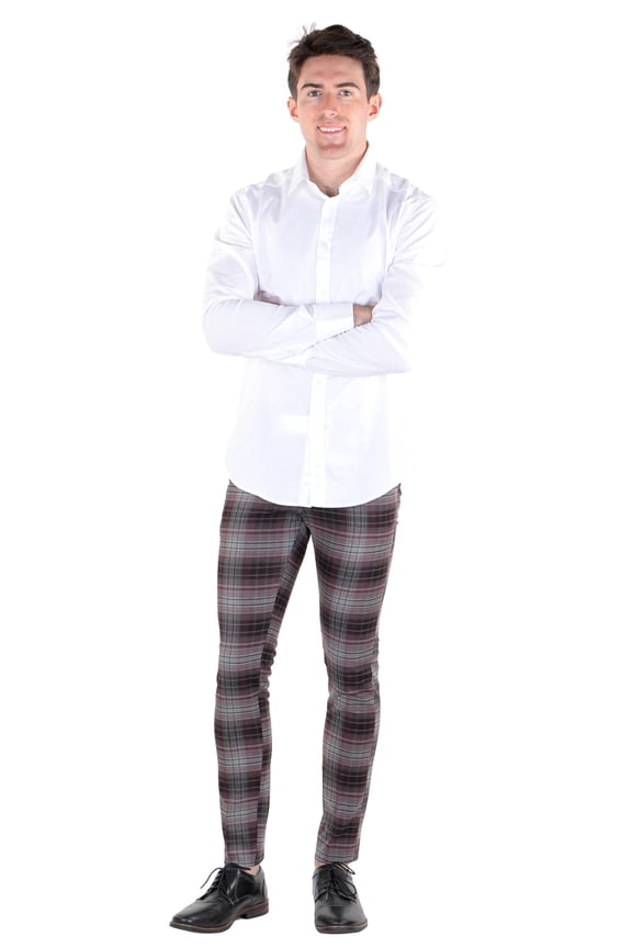 Men's DJ Plus All Over Check Pattern Dress Pant Burgundy 40WX30L,EU48