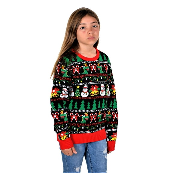 SoCal Look Youth Ugly Christmas Sweater Snowman T-Rex Pullover 13/14Y Black