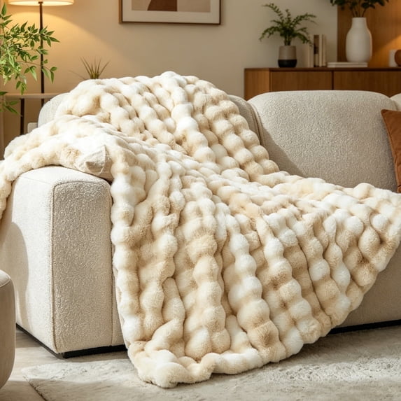 SoComfy by Bedelite Faux Fur Throw Bubble Blanket for Sofa & Bed, 50"*60", Khaki