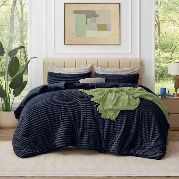 SoComfy by Bedelite Queen Faux Fur Comforter Set, Fluffy Fleece, 3-Piece, Navy