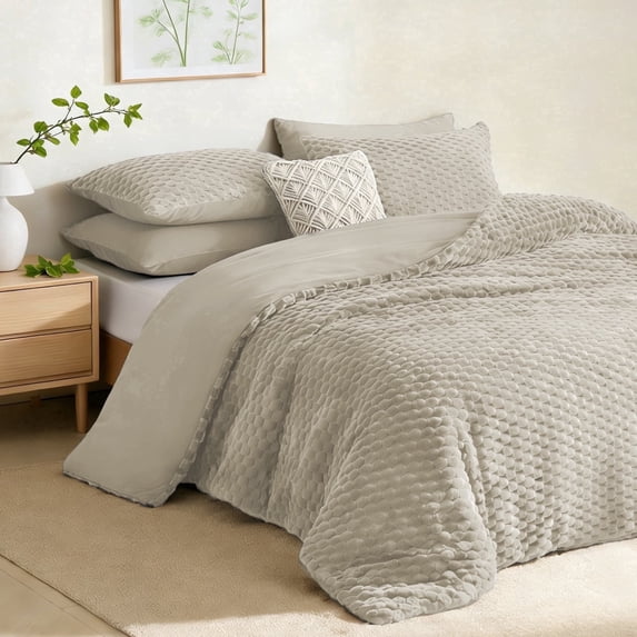 SoComfy by Bedelite Fluffy Fleece Comforter Set, Soft Warm Bedding for Winter, Queen, Linen
