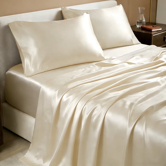 SoComfy by Bedelite Queen Satin Sheets, Silky Soft Cooling, 15-Inch Deep Pocket, 4-Piece, Beige