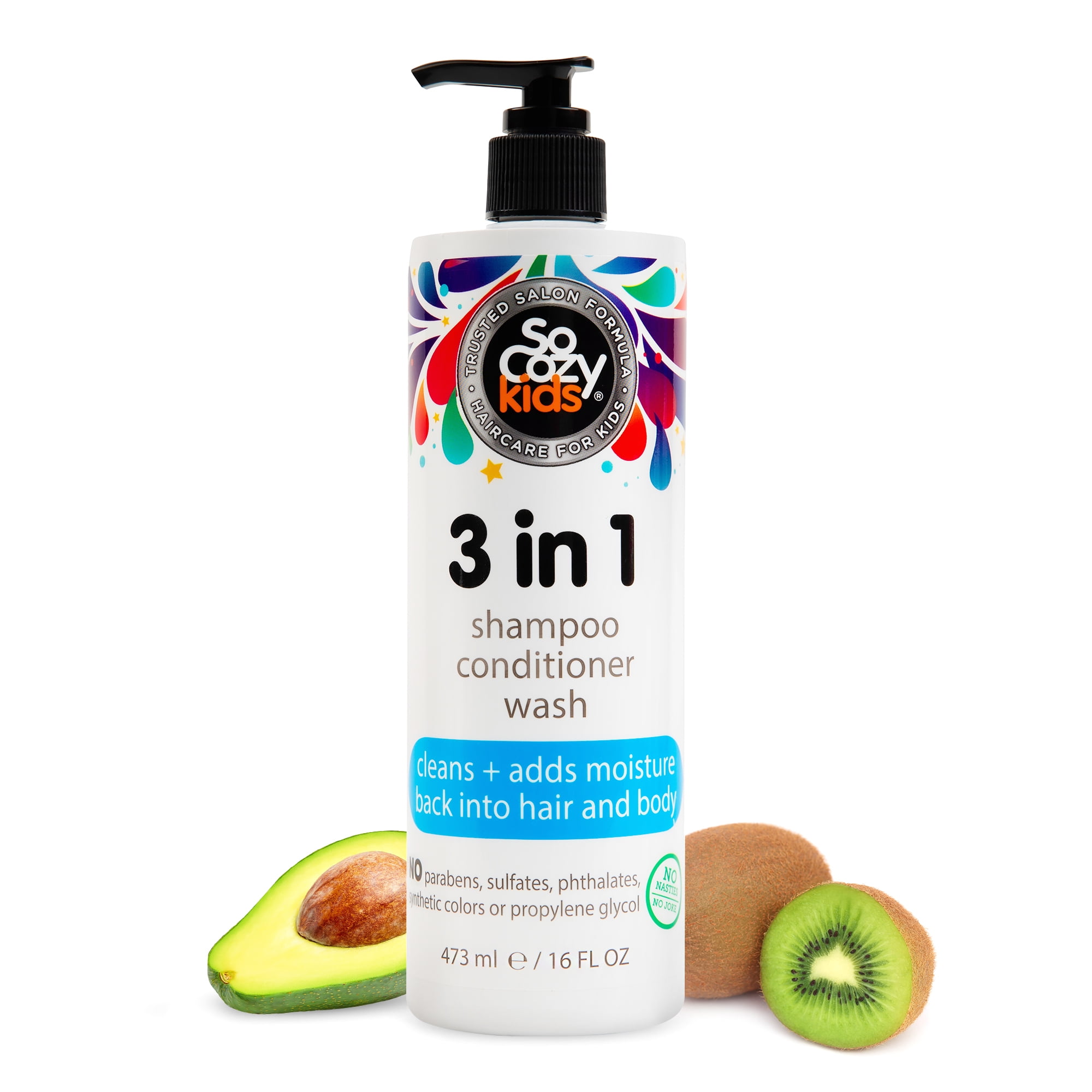 SoCozy Kids 3 in 1 Shampoo + Conditioner + Body Wash, Hair and Body Cleanser, 16 Fl Oz