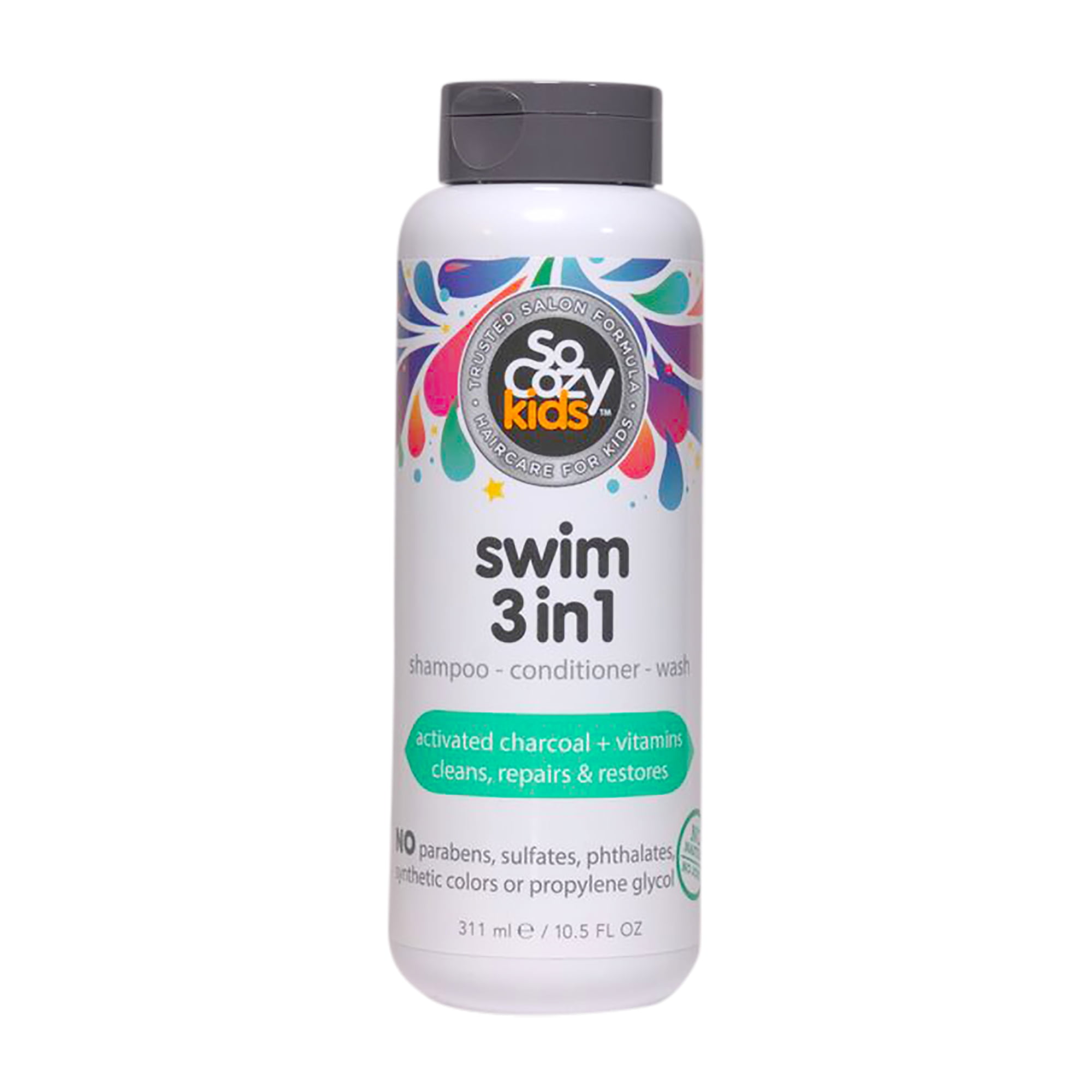 SoCozy Kid's Swim 3-in-1 Shampoo Conditioner Body Wash for All Hair Types, with Activated Charcoal, 10.5 fl oz