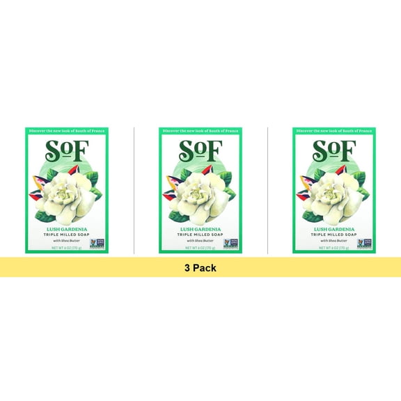 SoF Triple Milled Bar Soap with Coconut Oil & Shea Butter - Vegan, Gardenia - 3 Pack