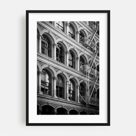 SoHo Architectural 04 - Manhattan New York Photography Black and White Architecture City Cityscape Street Photography Vintage Black Framed Wall Art Print 5 x 7 inches