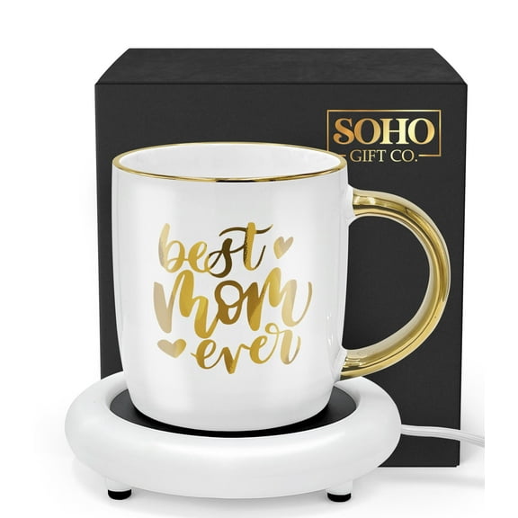 SoHo Coffee Mug with Warmer Gift for Mom, Electric Heated Coffee Lover Gifts for Birthday/Christmas, 12oz "Best Mom Ever" (Gift Boxed)
