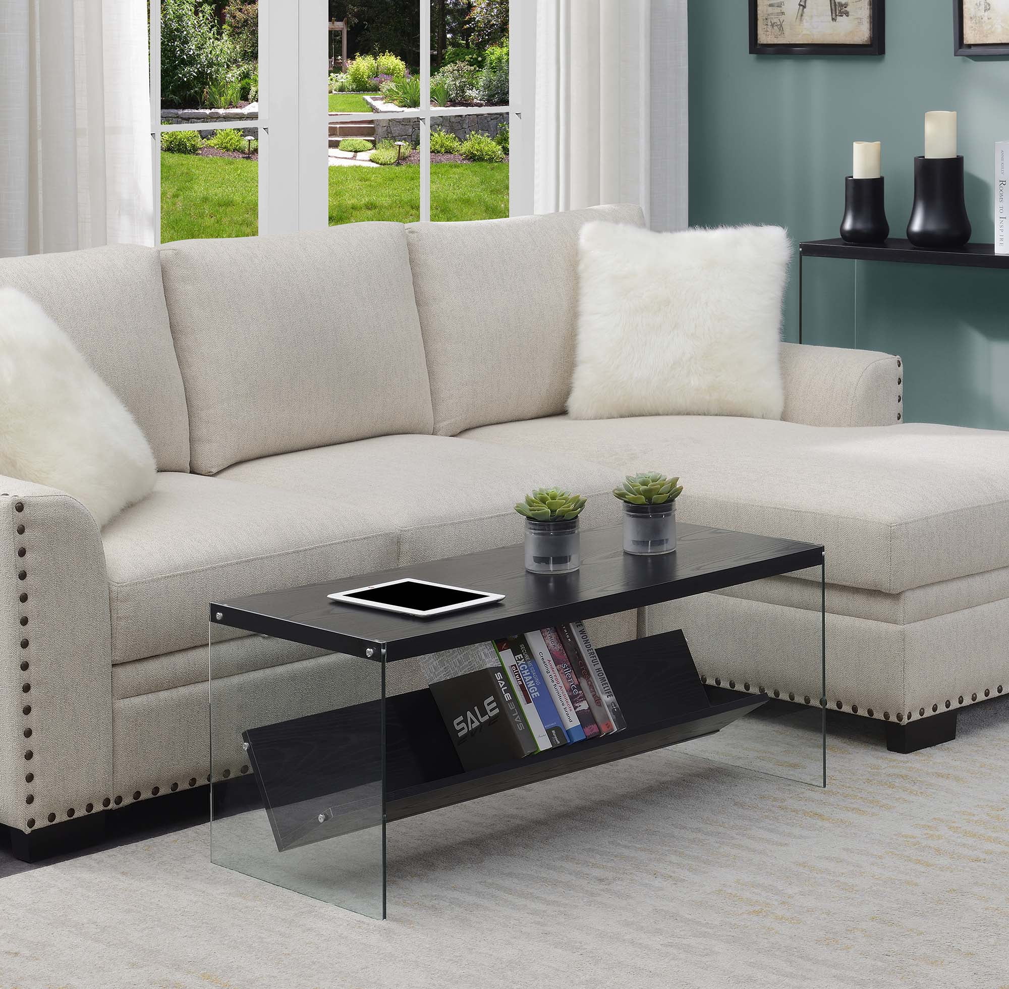 Modern Rectangular Wood and Glass Coffee Table with Shelf