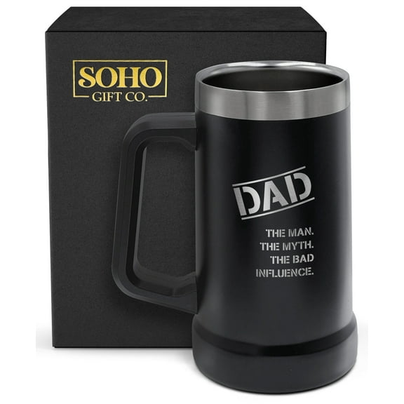 SoHo Funny Beer Mug Gifts for Dad for Birthday / Christmas, 24oz Tumbler Cup with Handle “Dad The Man The Myth The Bad Influence” (Gift Boxed)