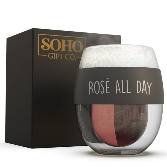 SoHo Stemless Wine Glass, Double Walled Insulated Chiller Freezer Cups for Cold Drinks (8.5oz) Wine Lover Gift for Women/Her "Rose All Day" (Gift Boxed)
