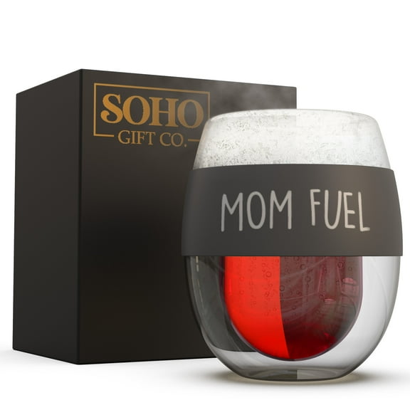 SoHo Stemless Wine Glass Gift for Mom, Double Walled Insulated Chiller Freezer Cups for Cold Drinks (8.5oz) Wine Lover Gift for Christmas/Birthday "Mom Fuel" (Gift Boxed)