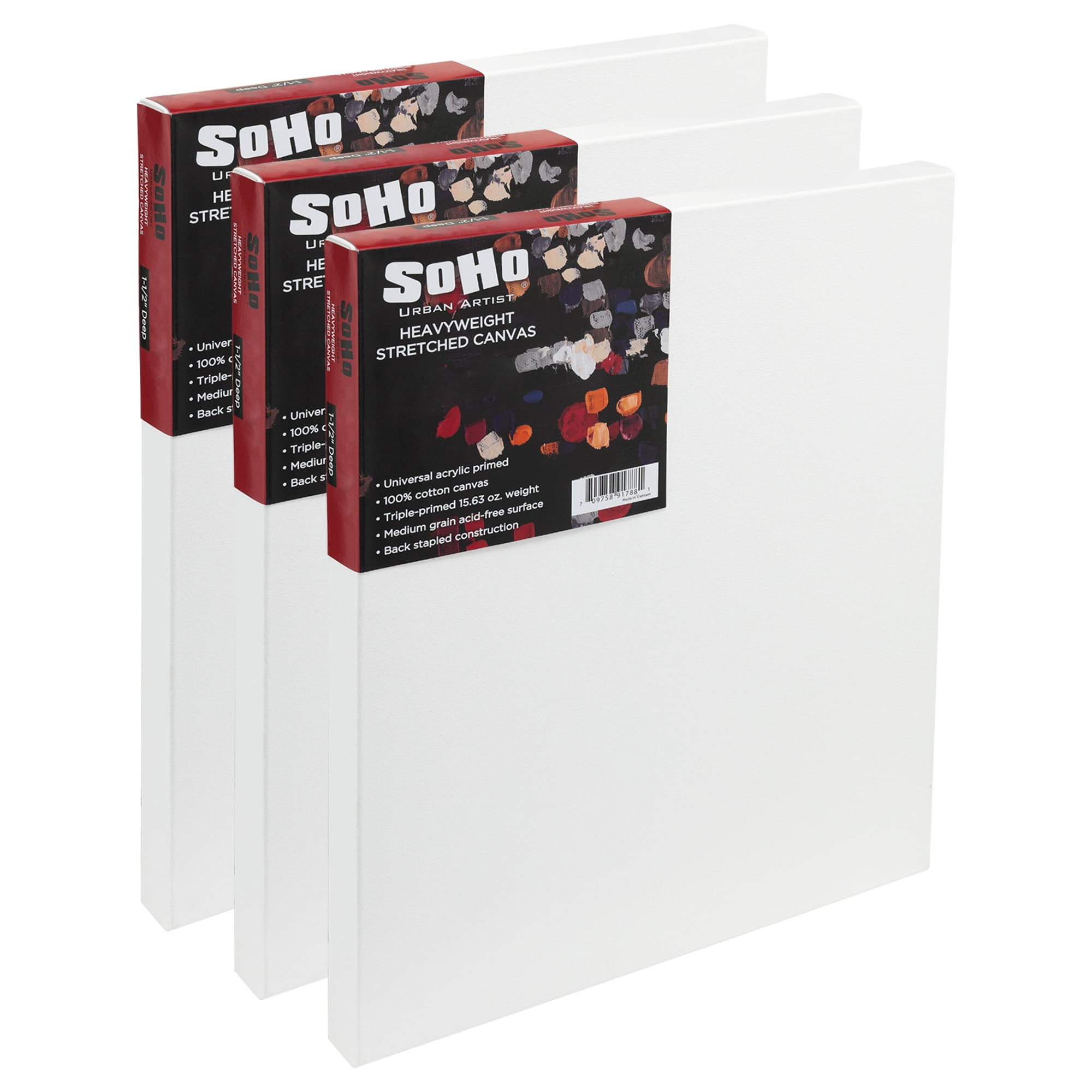 SoHo Urban Artist, 16x20" Heavyweight Stretched Cotton Canvas for Painting - 1.5" Deep- 3 Pack, Triple Primed, 100% Cotton Canvas, Archival, Universal Primed for Oil, Acrylic, Alkyd, Mixed Media