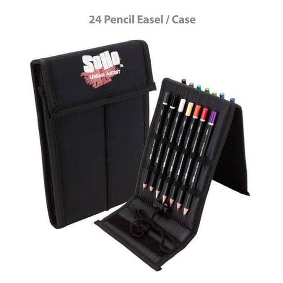 SoHo Urban Artist 24 Slot Pencil Case for Colored Pencil, Markers, Pen, Brushes Durable Nylon Organizer Opens to Easel Stand - Black