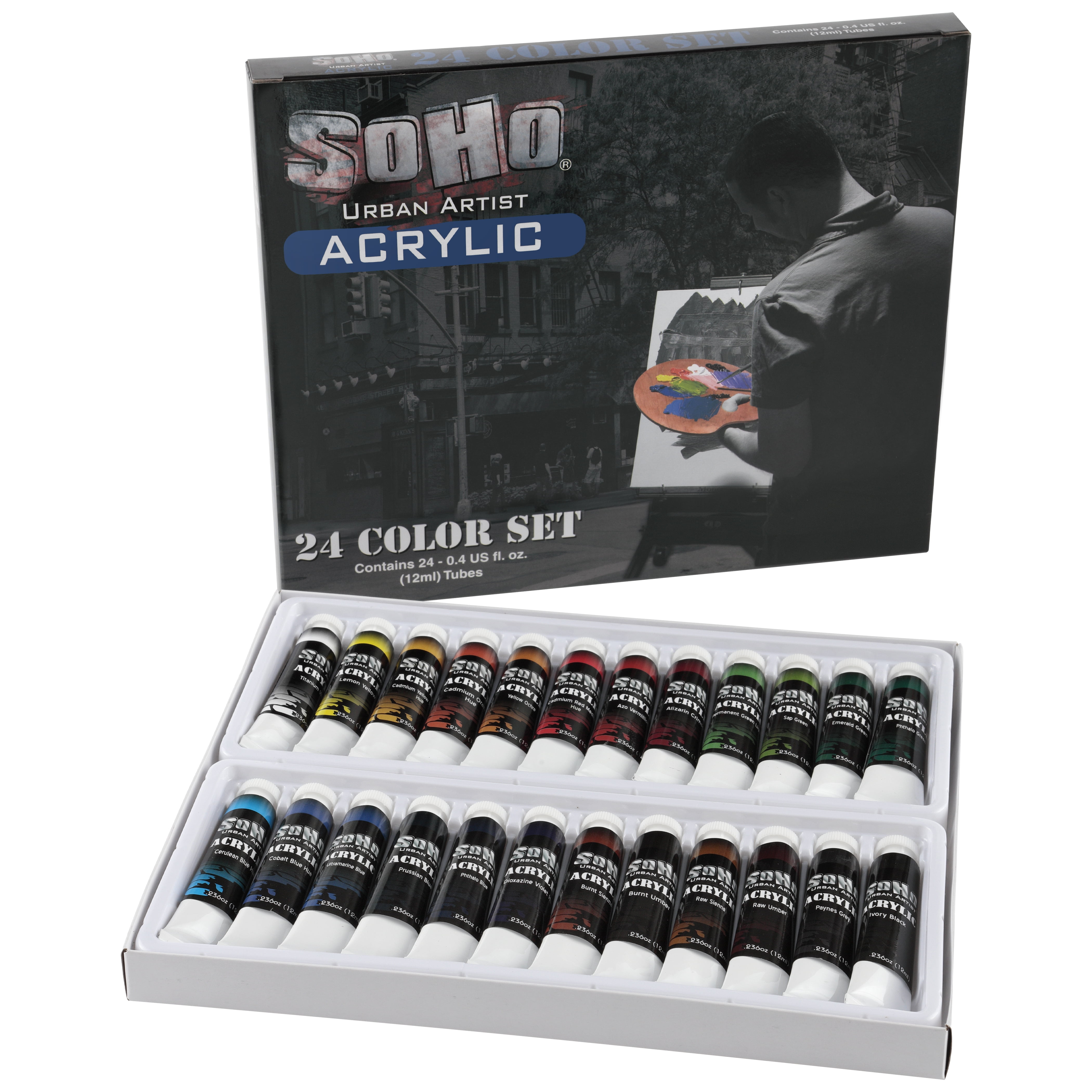 SoHo Urban Artist Acrylic Paint - Thick, Rich, Water-Resistant, Heavy Body Paint, Basic Set of 24, Set of 24 - 12mL
