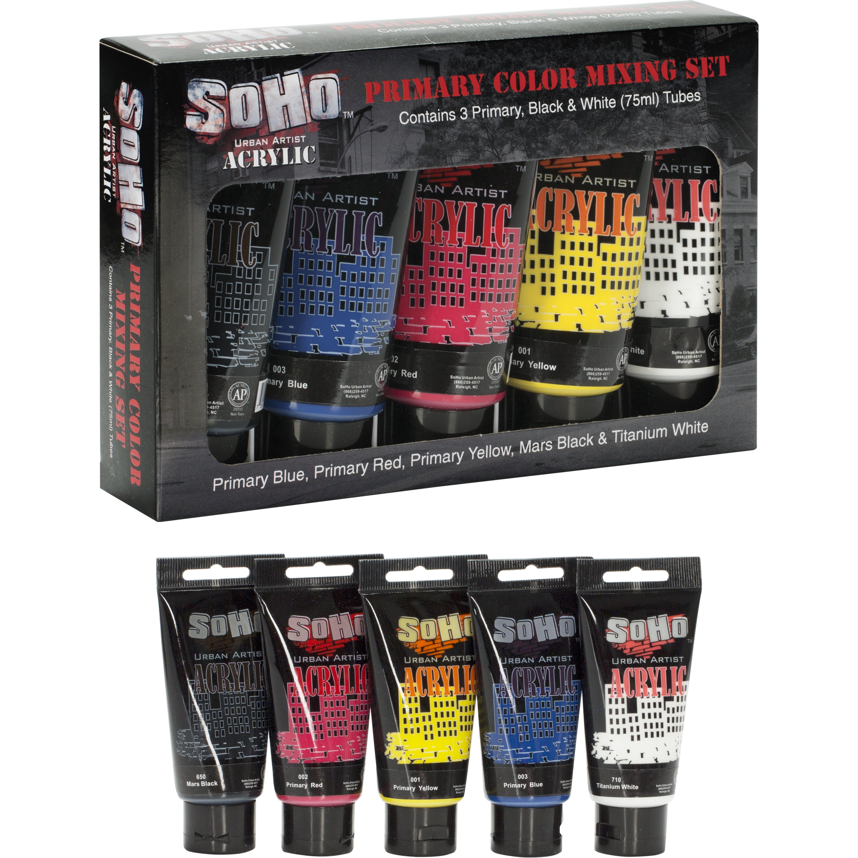 SoHo Urban Artist Acrylic Paint - Thick, Rich, Water-Resistant, Heavy Body  Paint, Primary Mixing Colors, Set of 5 - 75mL 